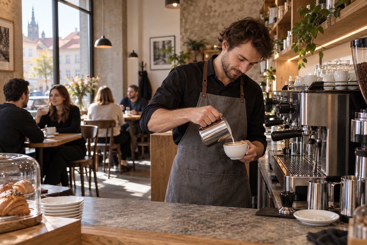 Barista připravuje cappuccino v moderní české kavárně