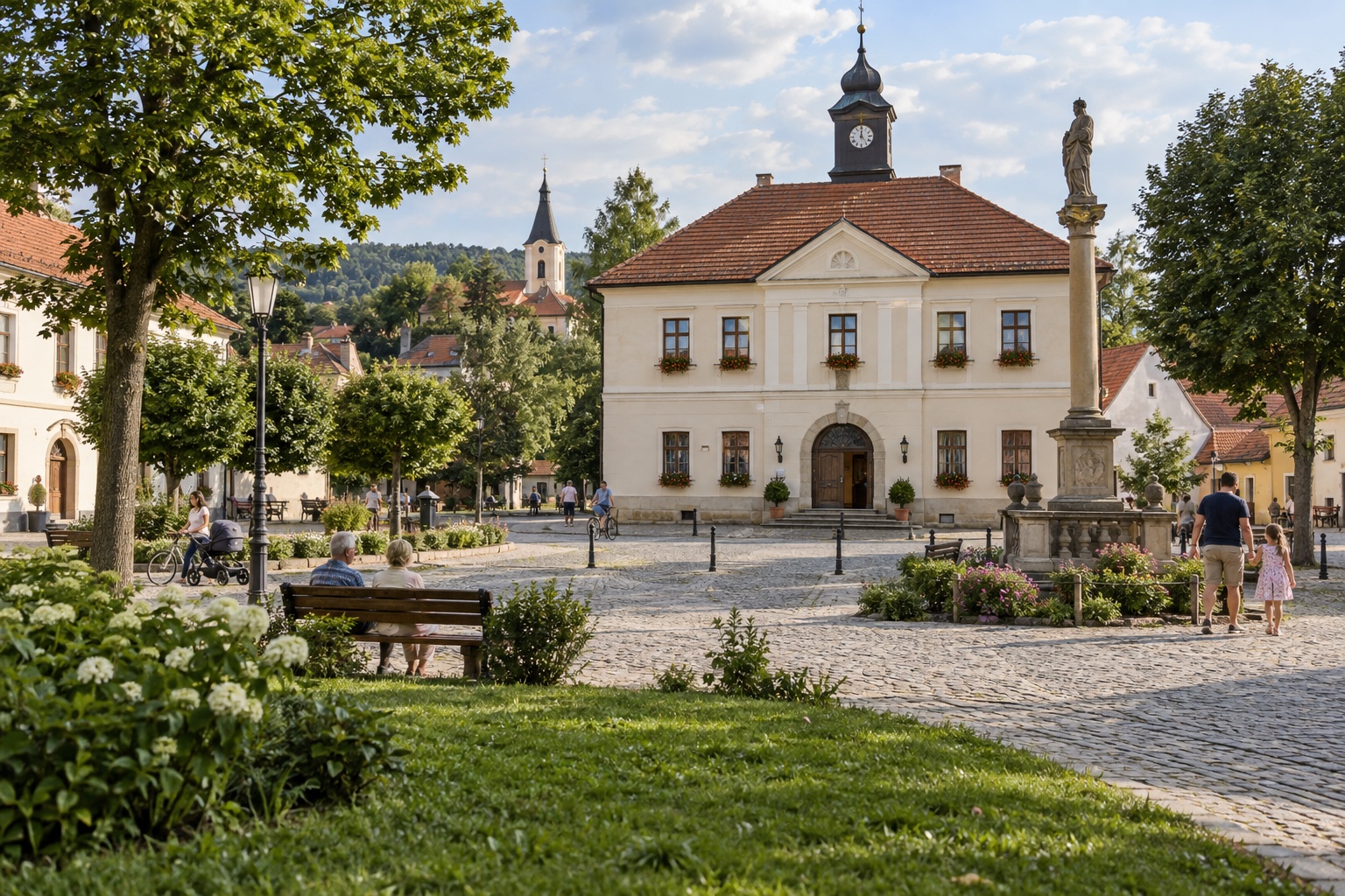 Česká obec s radnicí a upraveným veřejným prostorem