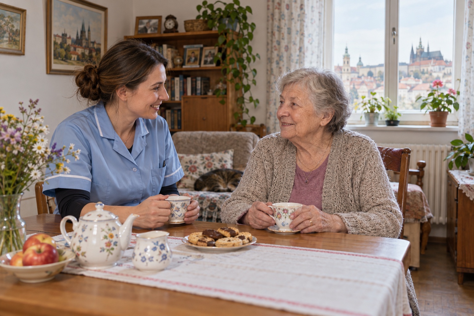 Pečovatelka při laskavém rozhovoru se seniorkou doma
