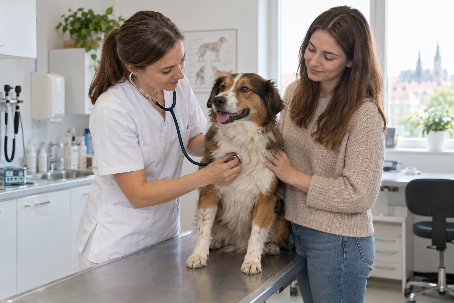 Veterinář šetrně vyšetřuje psa za přítomnosti jeho majitelky
